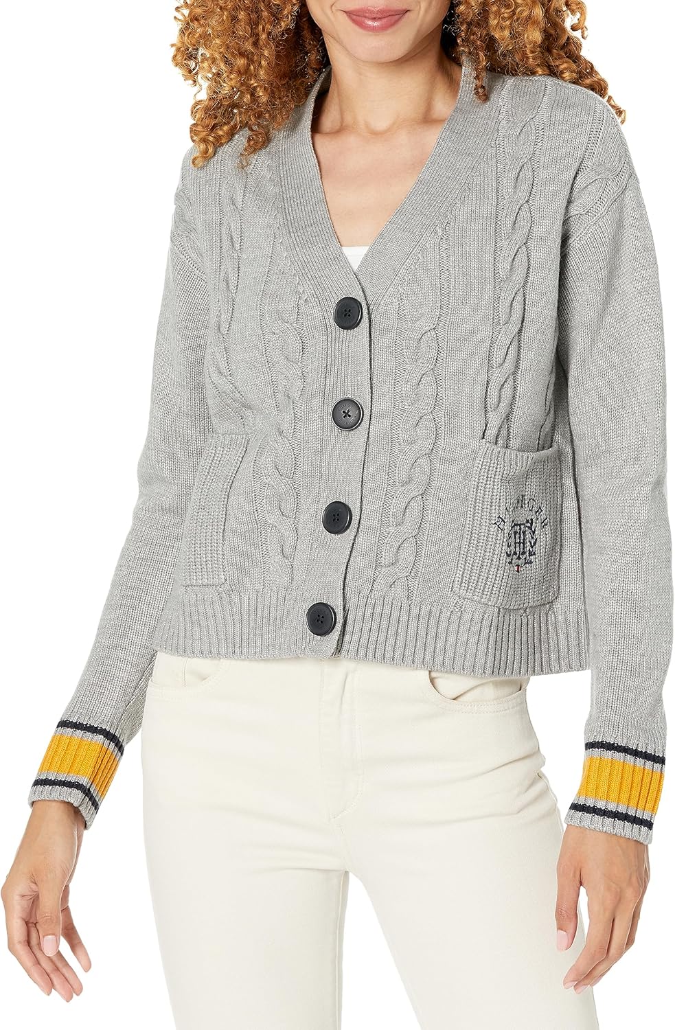 Tommy Hilfiger Women's Boxy Varsity Cable Knit Cardigan Sweater