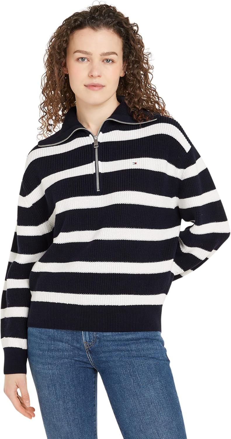 Tommy Hilfiger Sweat avec Fermeture Éclair Femme 1/2 Zip Sweater Pull en Maille